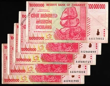 100 Million Zimbabwe Dollars x 5 Banknotes AA 2008 COA Certificate Authenticity