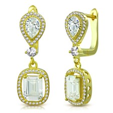 925 Sterling Silver Yellow Gold-Tone Rectangular Teardrop CZ Dangle Earrings