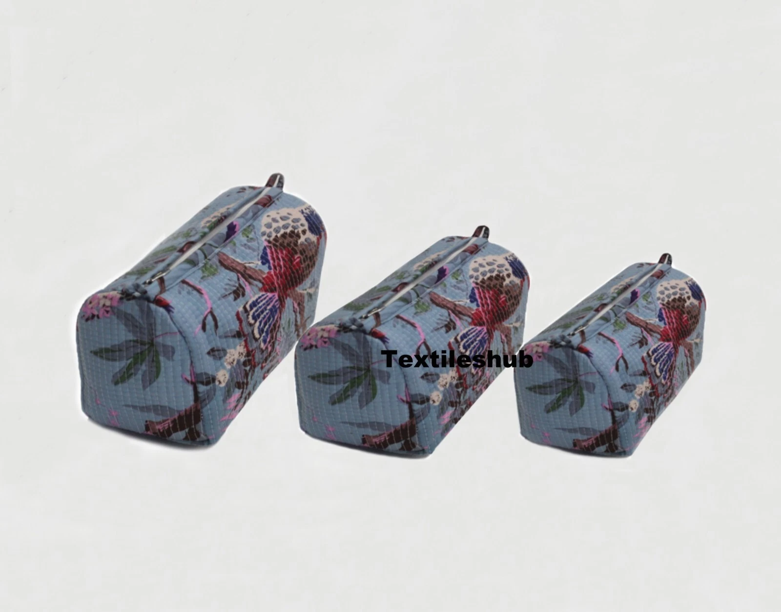 Indian Sky Bird Cotton Quilted Toiletry Purse Cosmetic Storage Bag Of 3 Pc Set