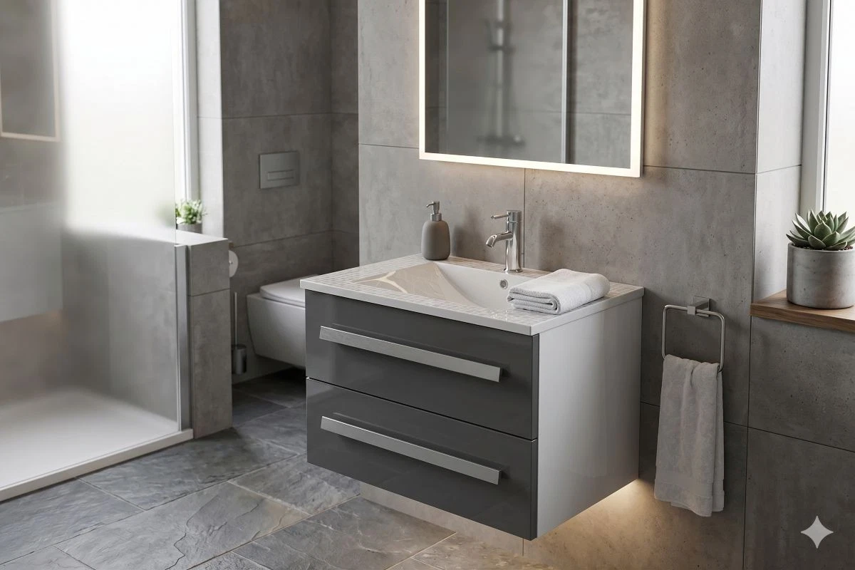 Badset Badmöbel Arosa grau Waschtisch Badezimmermöbel 60 cm Waschbecken