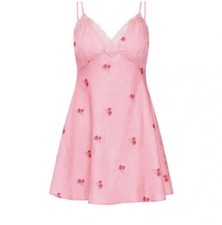 Love Shack Fancy Larinda Dress Cherry Pink Floral Print Satin Lace Slip Size L