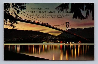 Vintage Canada Postcard VANCOUVER Lions Gate Bridge Dusk 1964