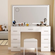 Vanity Desk with Lighted Mirror & Power Outlet Makeup Vanity Table with Stool