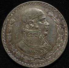 Moneda de plata antigua grande de México Un Peso 1965 tonificada para colección