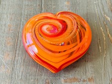 MAD ART Studio Art Glass Heart Shaped Paperweight Orange Iridescent Swirl Signed