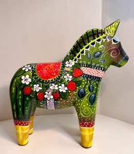 OOAK Hand Painted Watermelon Strawberry Swedish Wood Dala Horse Signed 10.25"