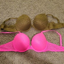 PINK Lot 2 36C Push-Up Underwire Lace Leopard Bras Pink/Green Hook Eye