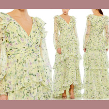 NWT Mac Duggal [ 14 ] 68220 Floral Chiffon Tiered Ruffle Puff Sleeve Gown #S1010