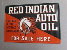 Embossed Red Indian Auto Oil Painted Metal Made In USA Sign 20"X14"