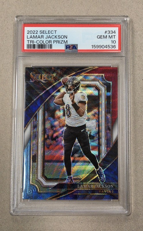 2022 Panini Select Suite Level Lamar Jackson Tri-Color Prizm /149 PSA 10, Pop 5!