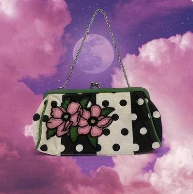 Vtg Y2K 2000s Beaded Floral Kisslock Purse Clutch Chain Strap Polka Dot Handbag
