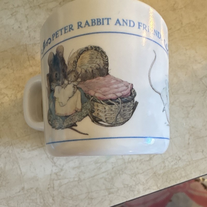 Unmarked Peter Rabbit and Friends 11 oz Ceramic Mug, White/Blue Trim, Handle