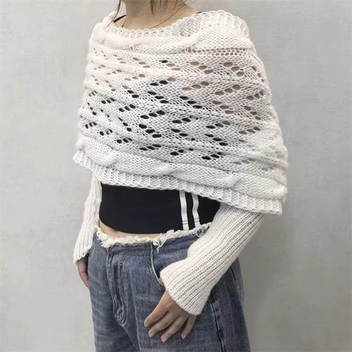Women's Scarf with Sleeves Cable Knit Shawl Wrap Shrug Sweater Polyester