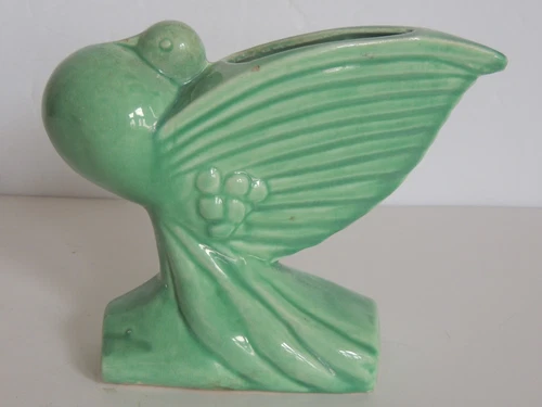 Vintage Art Deco Nelson McCoy Pottery Green Figural Dove Pigeon Vase Planter MCM