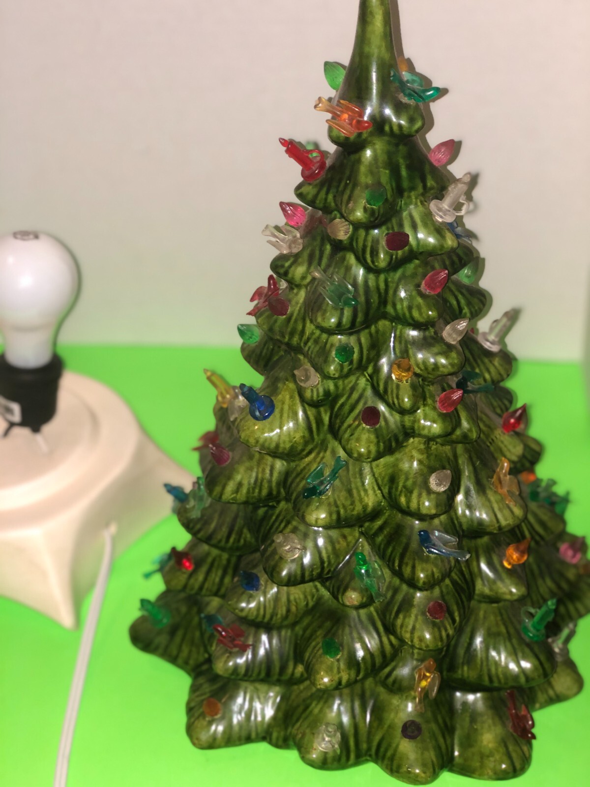 Ceramic Christmas Tree Vintage light up with Candles, bulbs, birds LG