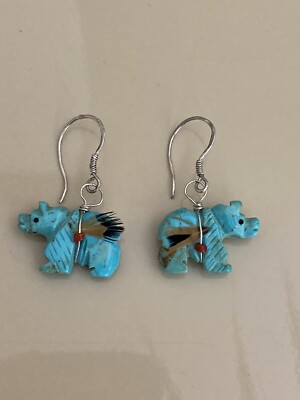VTG Native American Luni Turquoise Fetish Bear Earrings 