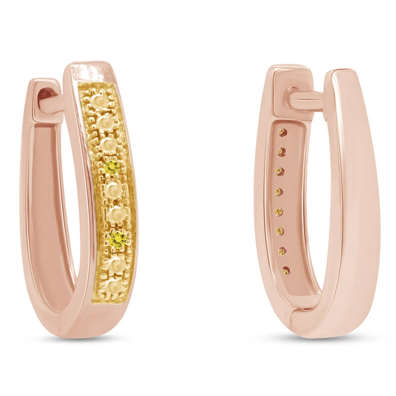 Aretes tipo argolla con detalles de diamantes naturales amarillos enchapados en oro rosa de 14 K Foto 3 de 4