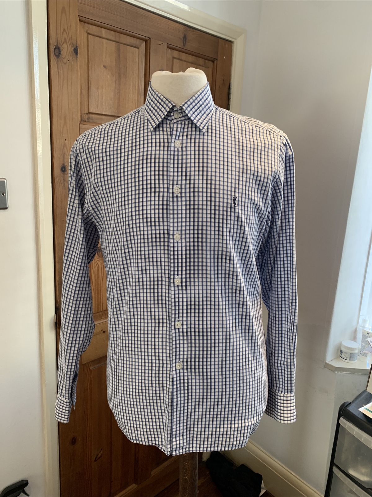 Camicia classica Yves Saint Laurent YSL manica lunga blu bianco a quadri taglia M. #S6*7