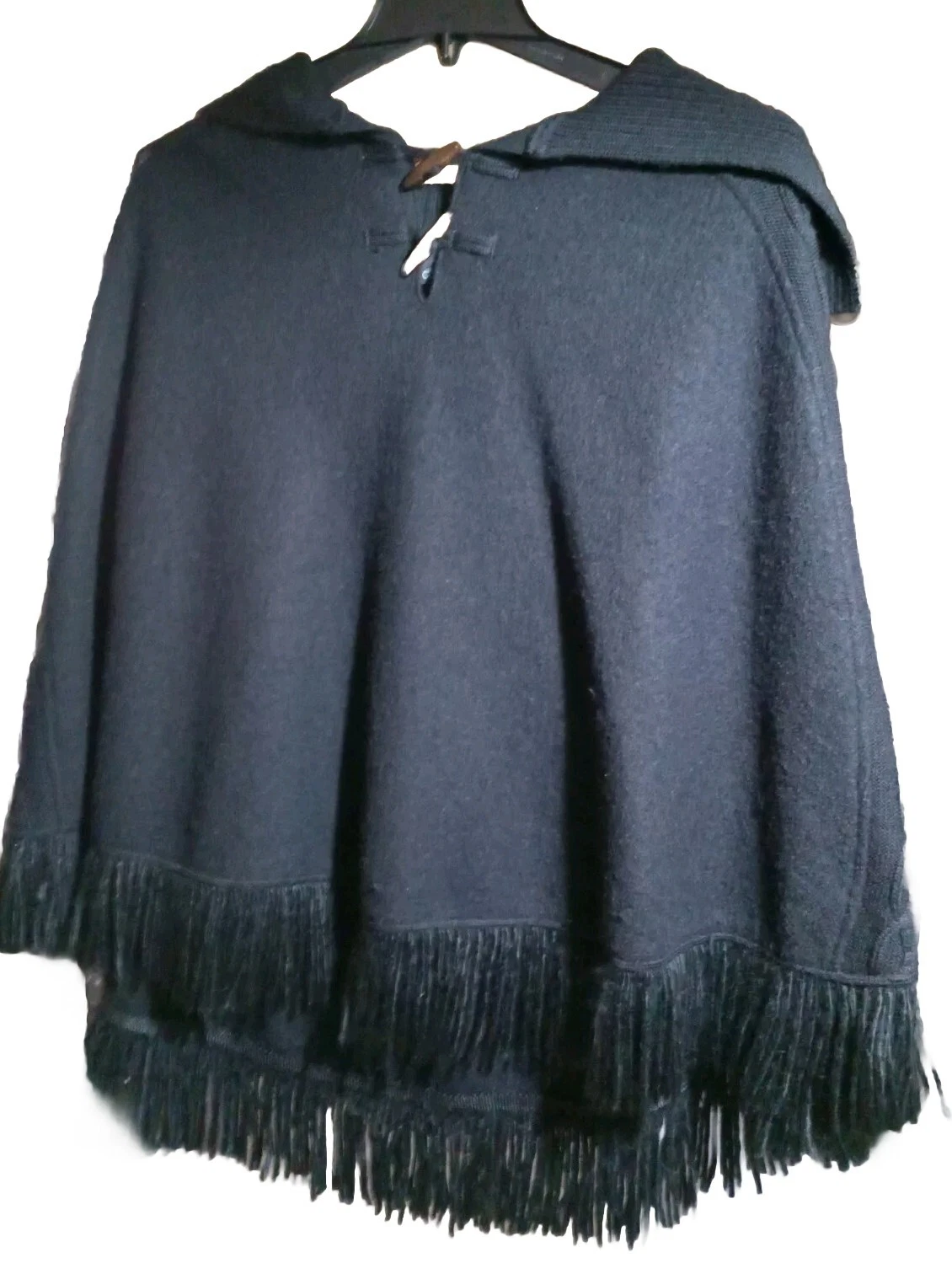 Women's Sz Lg 100% Wool Poncho With Collar Fringe Accent WhimsiGoth Witchy