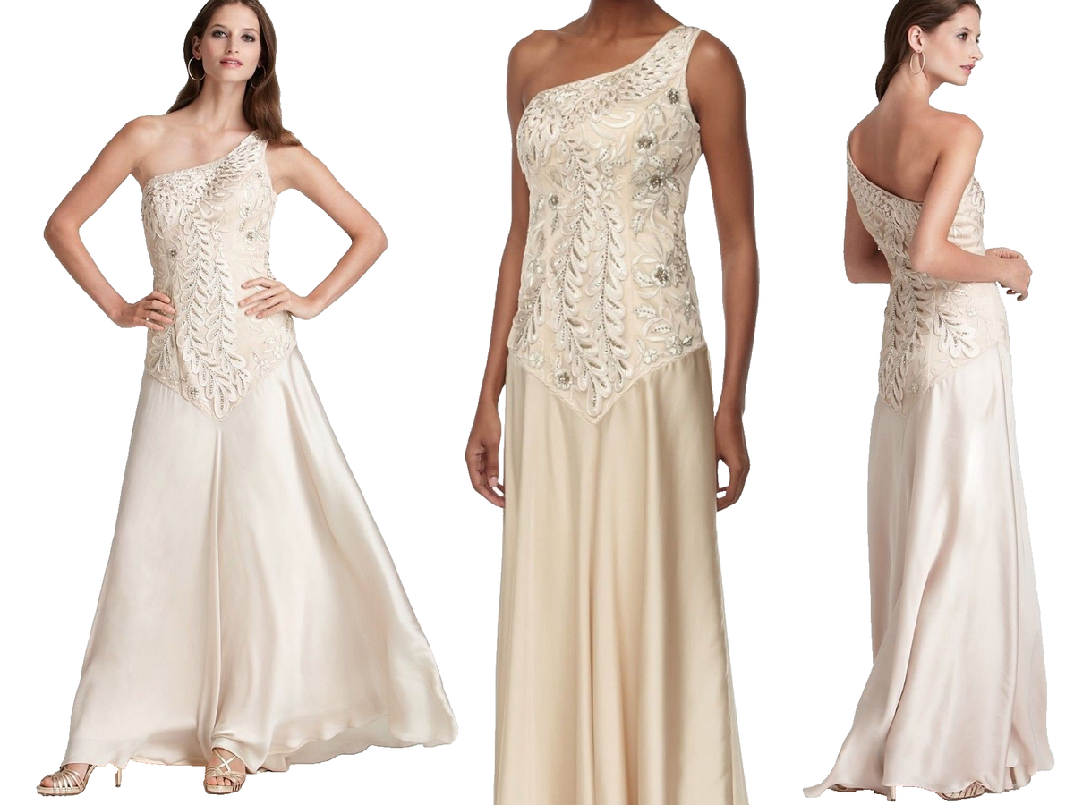 Sue Wong Champagne Embellished Drop Waist Satin Skirt Formal