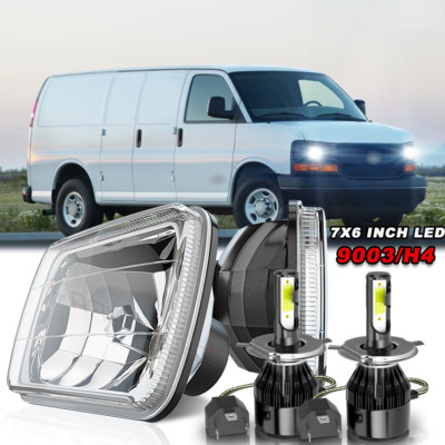 Pair 7''x6'' Inch Sealed Beam White LED Clear Lens Glass Chrome Housing Headlights