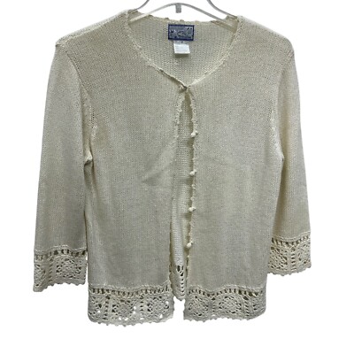 April Cornell sweater cotton womens medium cream ivory cardigan buttons crochet