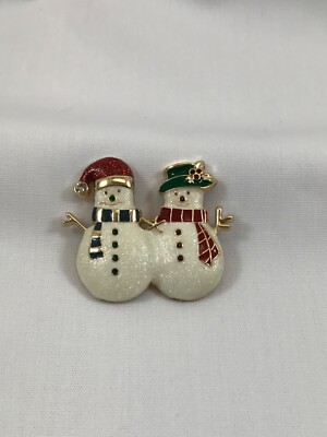 Brand New MONET Brooch TWO SNOWMEN Glitter Enamel CHRISTMAS Rhinestones SIGNED
