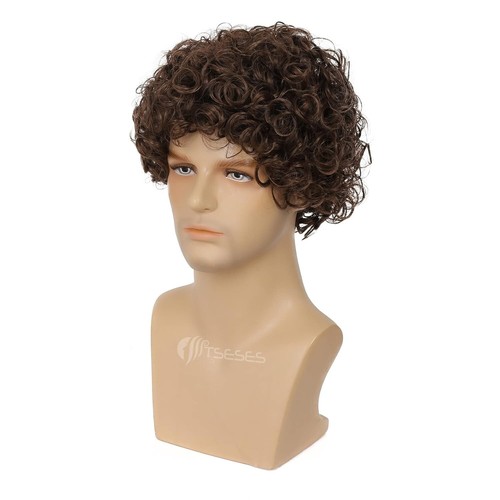Brown Curly Short Afro Wig for Men - Heat Resistant Synthetic Cosplay Hair - Picture 4 of 6