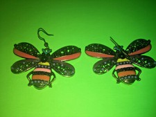 Large Bumble/Honey Bee Hook Earrings w/multi colored enamel stones  seed beads