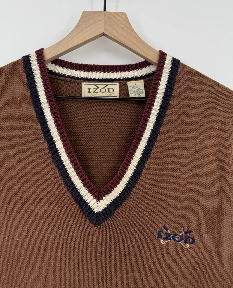 Colete Suéter Masculino Vintage Izod Grande Marrom Golfe Linho Algodão Malha Preppy - Imagem 2 de 4