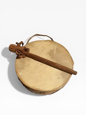 Vintage 1970 s Native American Handmade Deerskin and Wood Drum with Mallet
