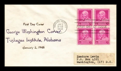 GEORGE WASHINGTON CARVER FDC SCOTT 953 BLOCK OF 4 THERMOGRAPHED US COVER