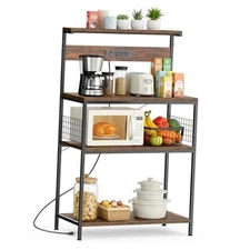  Kitchen Bakers Rack with Power Outlet, Coffee Bar Table 31.5 inch Rustic Brown
