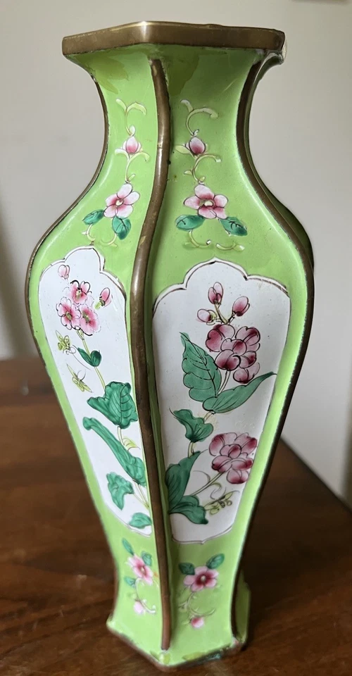 Antique Chinese Hexagonal Enamel Vase Canton 1920s Flower Bird Butterfly - Image 4 of 4