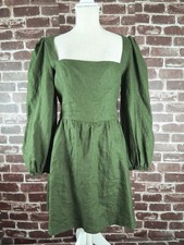 Reformation Brodie Green Linen Mini Long Sleeve Dress SZ 10 Ren Faire Open Back