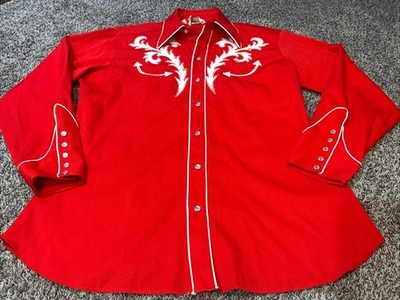 VINTAGE MEN'S H BAR C RED EMBROIDERED WESTERN ROCKABILLY COWBOY SHIRT SIZE LARGE