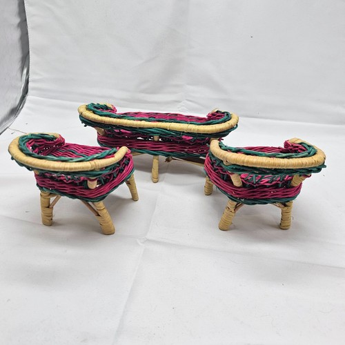 Vintage Doll Barbie Size Wicker Rattan Patio Furniture 3 Piece Set Pink Green - Picture 3 of 9
