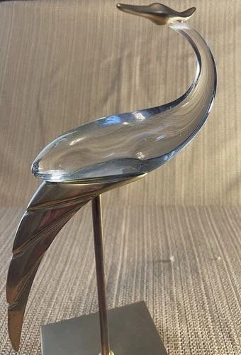 Brass Stand MCM Vintage Glass Crane Bird Sculpture Decor Murano Style Art Glass