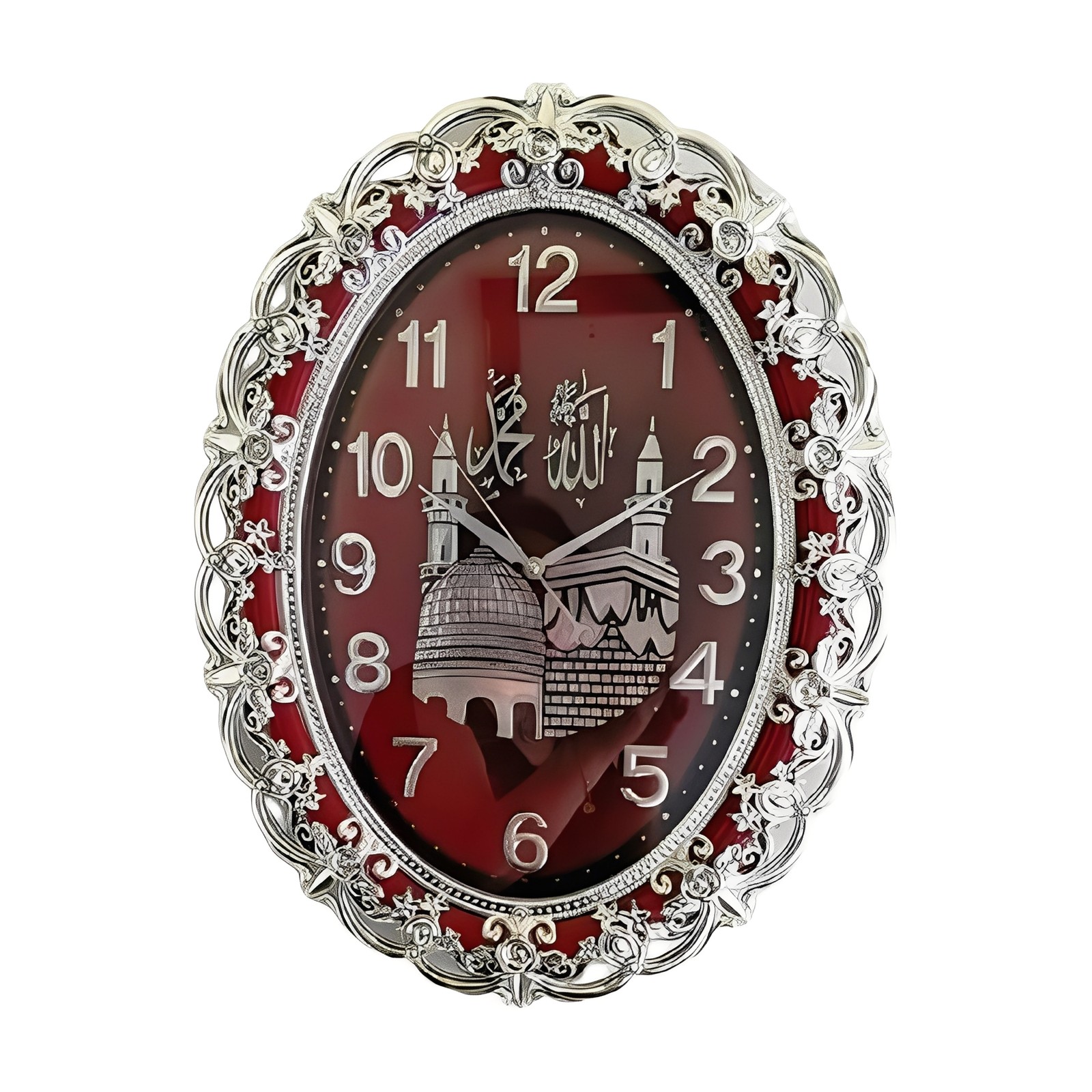 22"H Metallic Silver and Maroon, Islamic Holy City Oval Wall Clock