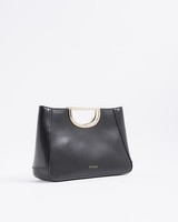 River Island Womens Clutch Bag Black Metal Handle Popper Fastening Embossed