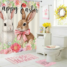 6 Pcs Easter Shower Curtain Set Bunny Bathroom Decor with Waterproof Shower Curt