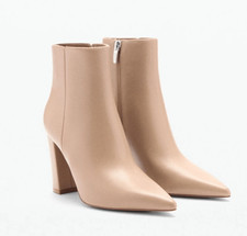 MANGO Leather Block Heel Ankle Boots Beige EU 39 US 8.5 NEW