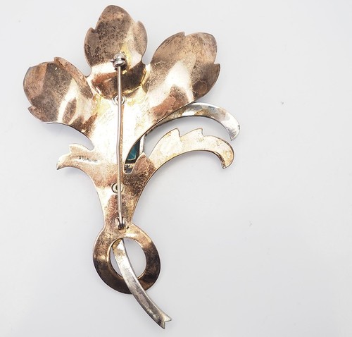 Splendido Grande Antico Argento Sterling Rosso Verde Vetro Blu Art Déco Fiore A - Foto 3 di 4