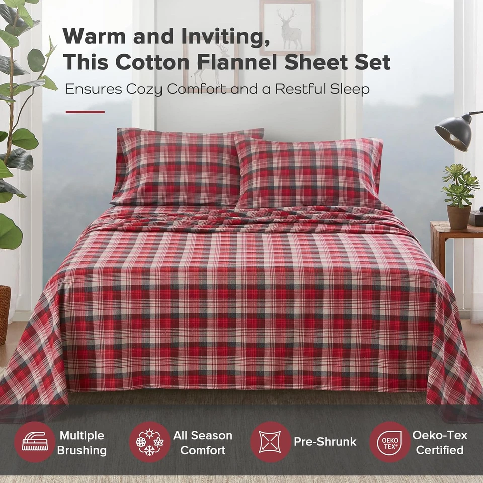 Juego de sábanas de algodón Woolrich estampado de dijes de cabaña, sábanas de franela 100 % algodón cálidas  Foto 2 de 4