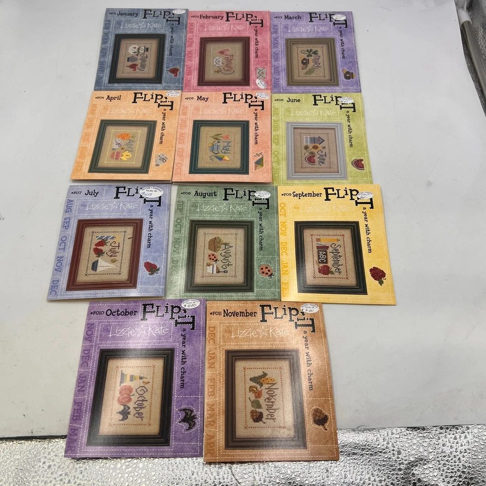 SET OF 11 NEW RARE LIZZIE KATE FLIP-ITS Cross Stitch CHARTS WITH CHARMS - Image 2 of 4