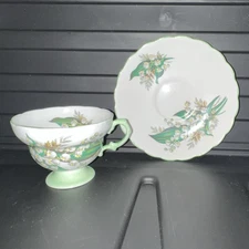 Rosina Bone China Painted Floral Tea Cup & Saucer Set White Green Yellow England