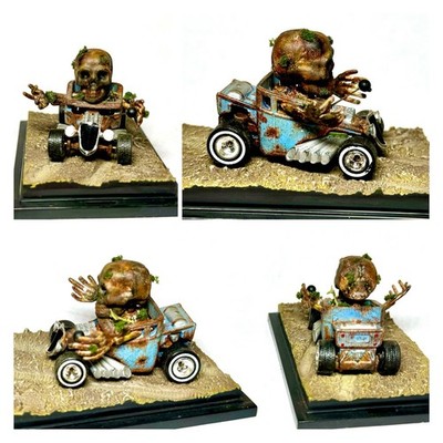 Custom Mini Diorama Blue Skeleton Hot Wheels Bone Shaker Rat Rod w/ Real Riders