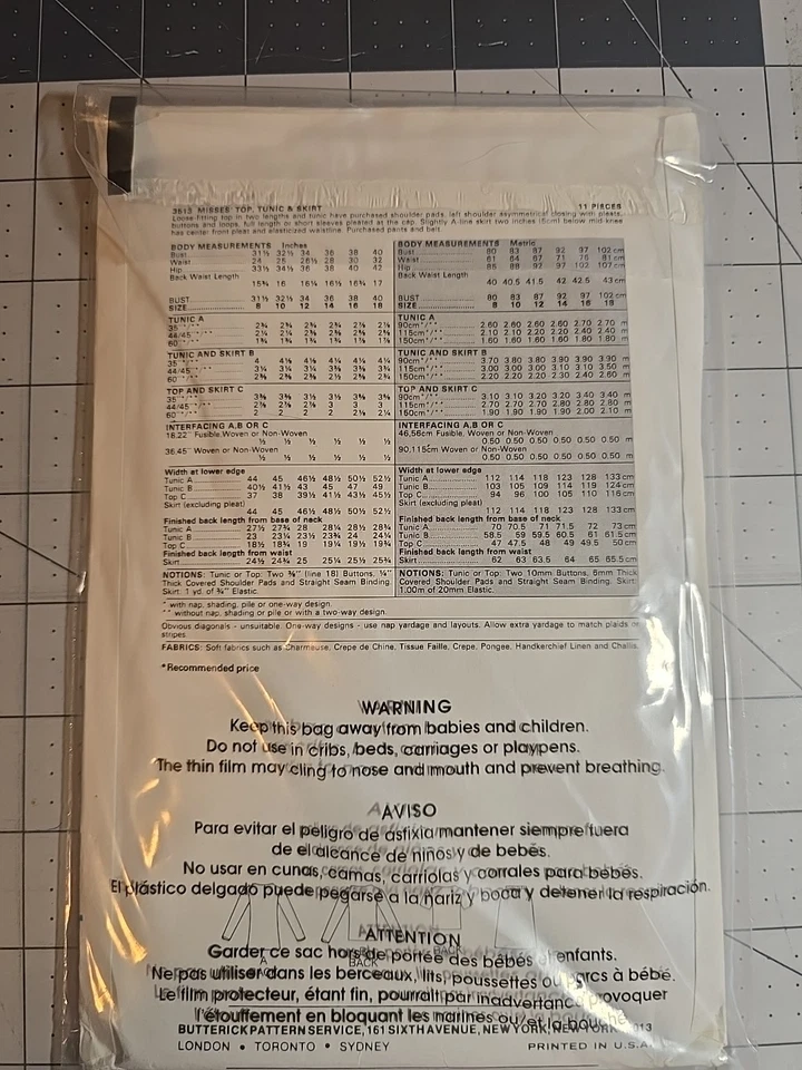Top túnica falda estampado Butterick 3513 vintage para mujer talla 12 sin cortar Foto 2 de 2