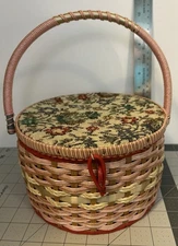 Vintage Woven Round Wicker Sewing Basket with Satin Lining Made in Japan