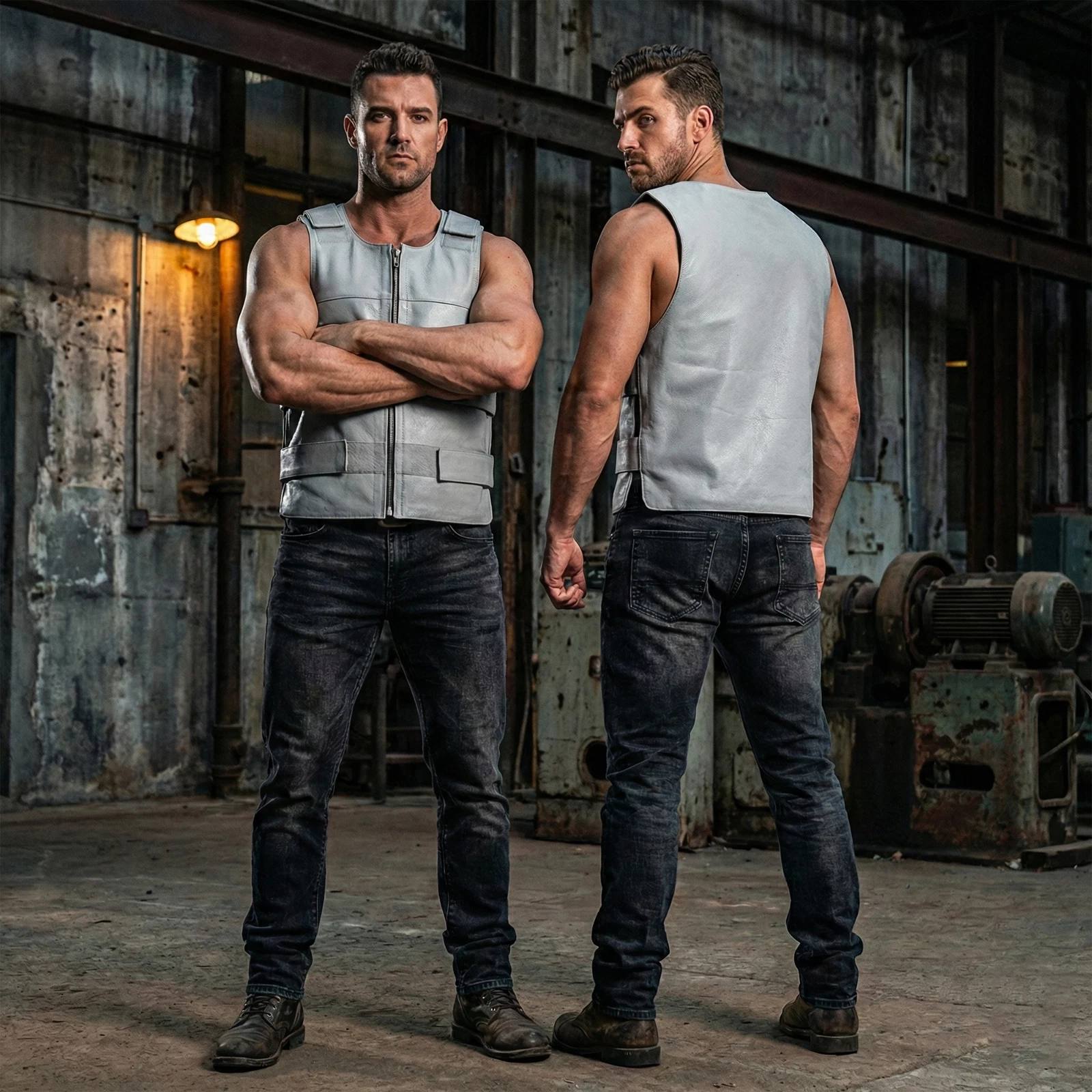 Men's Grey Leather Motorcycle Vest Genuine Cowhide Leather Vest